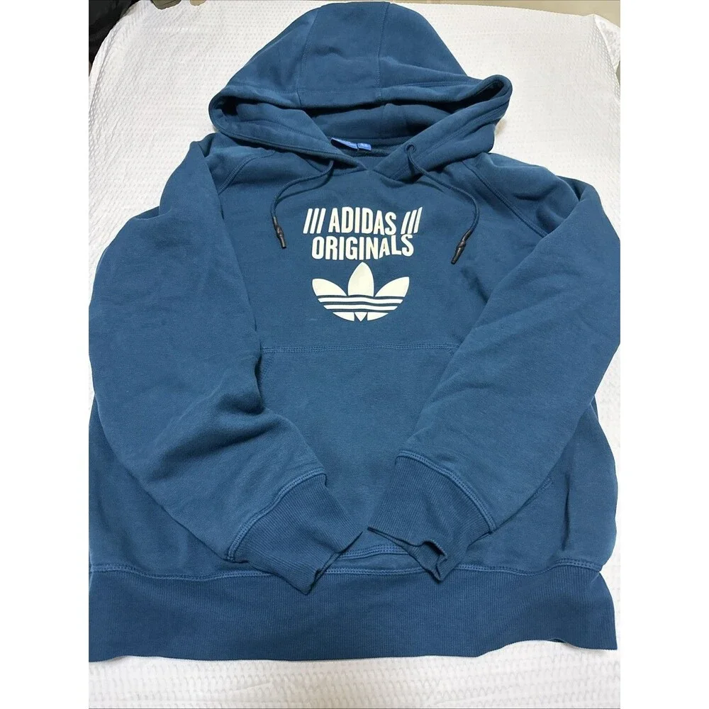 adidas Men's Blue Fleece Pullover Hoodie Originals Logo Size L